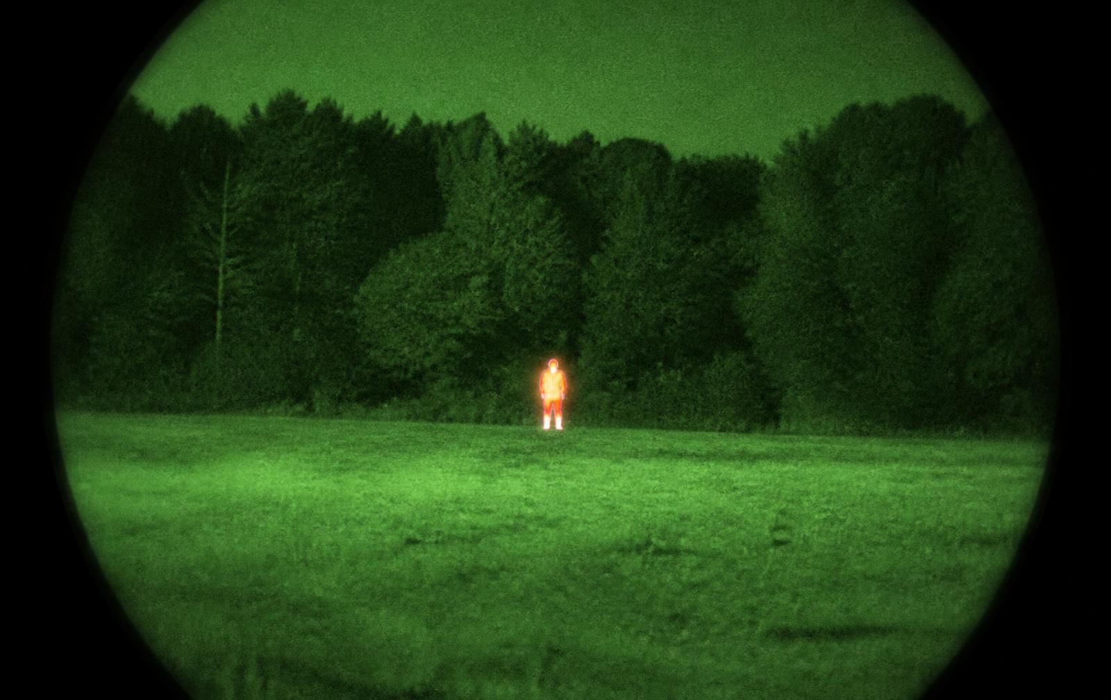Simulated night vision view with a thermal signature clearly visible